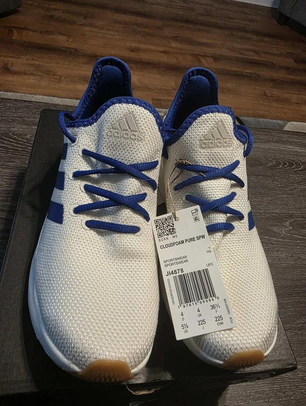 Adidas Cloudfoam Pure SPW White Knit Sneakers with Blue Stripes